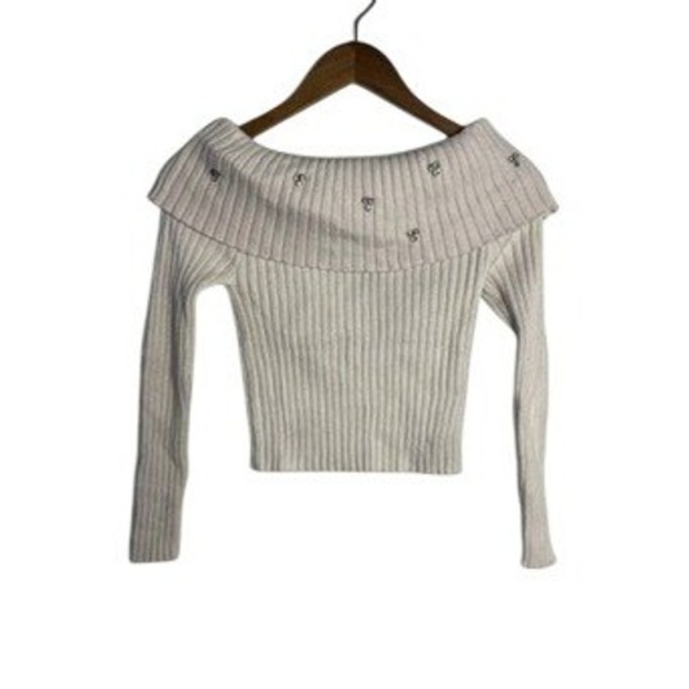 Med Sweet Rain White Ribbed‎ Off The Shoulder Embellished Knit Sweater Preppy